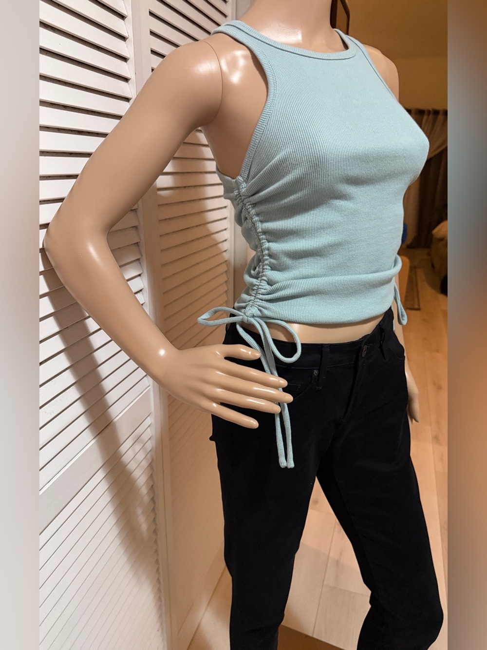 Hey Babe Ruched Side Tie Ribbed Tank TopSoft Aqua Cropped Boutique Top | Size Sm